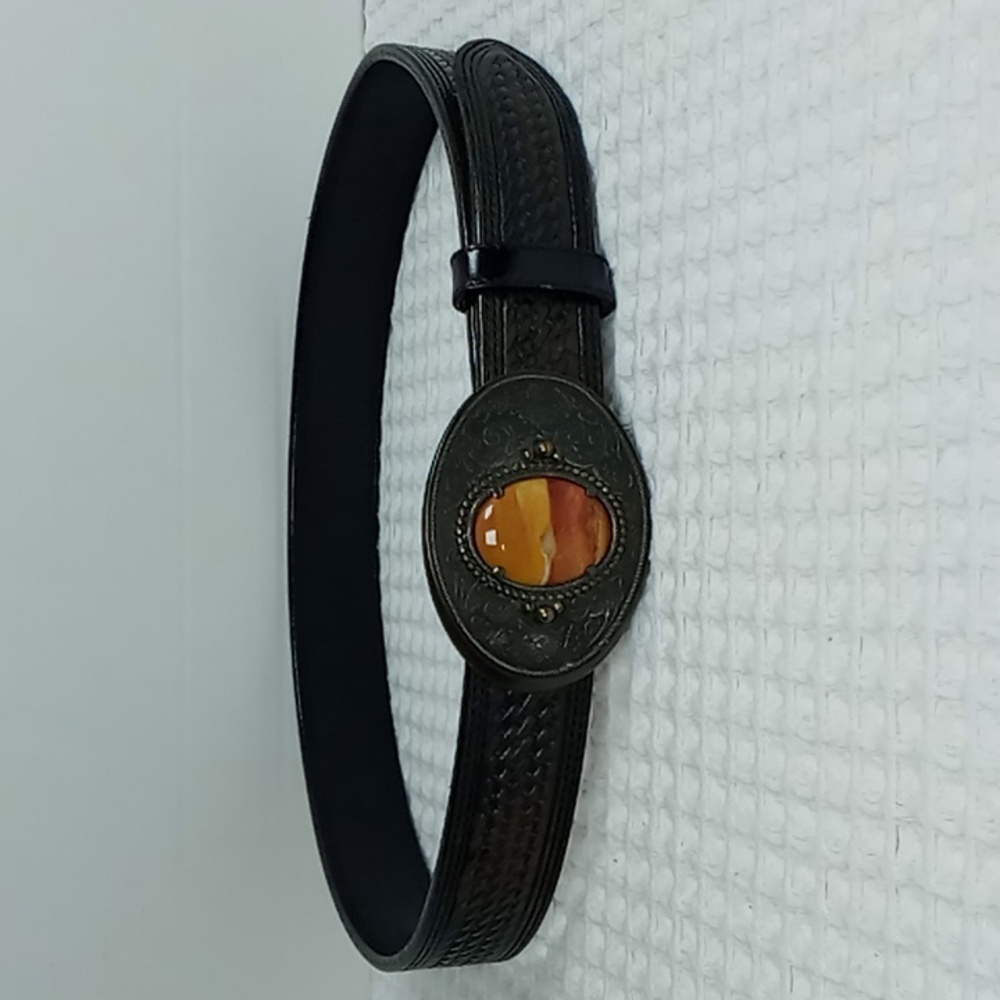 Vogt Leather Basketweave Belt Etched Brass Buckle w/Jasper Gemstone Brown 32